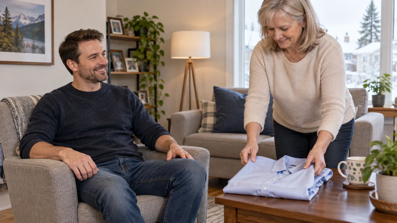 A man seated comfortably in a living room while a family member places a folded button-front shirt on a table.