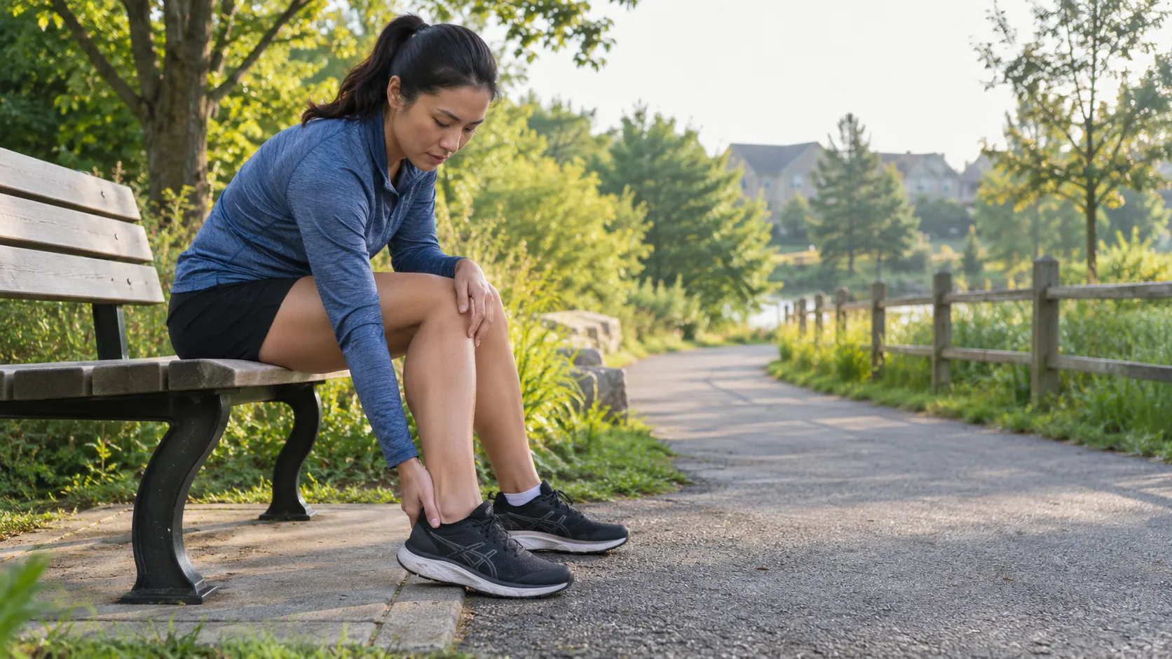 Runner seated on a park bench with a hand resting beside the back of an ankle