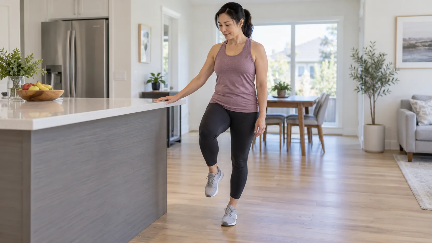 Adult practising supported single-leg balance beside a sturdy kitchen counter