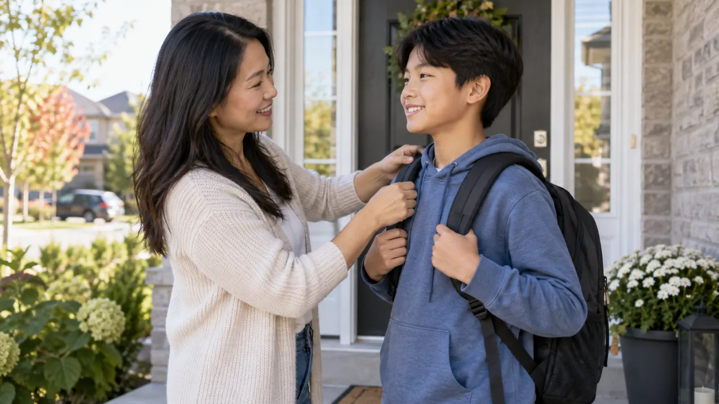 Parent helping a student adjust both backpack straps before school in Markham