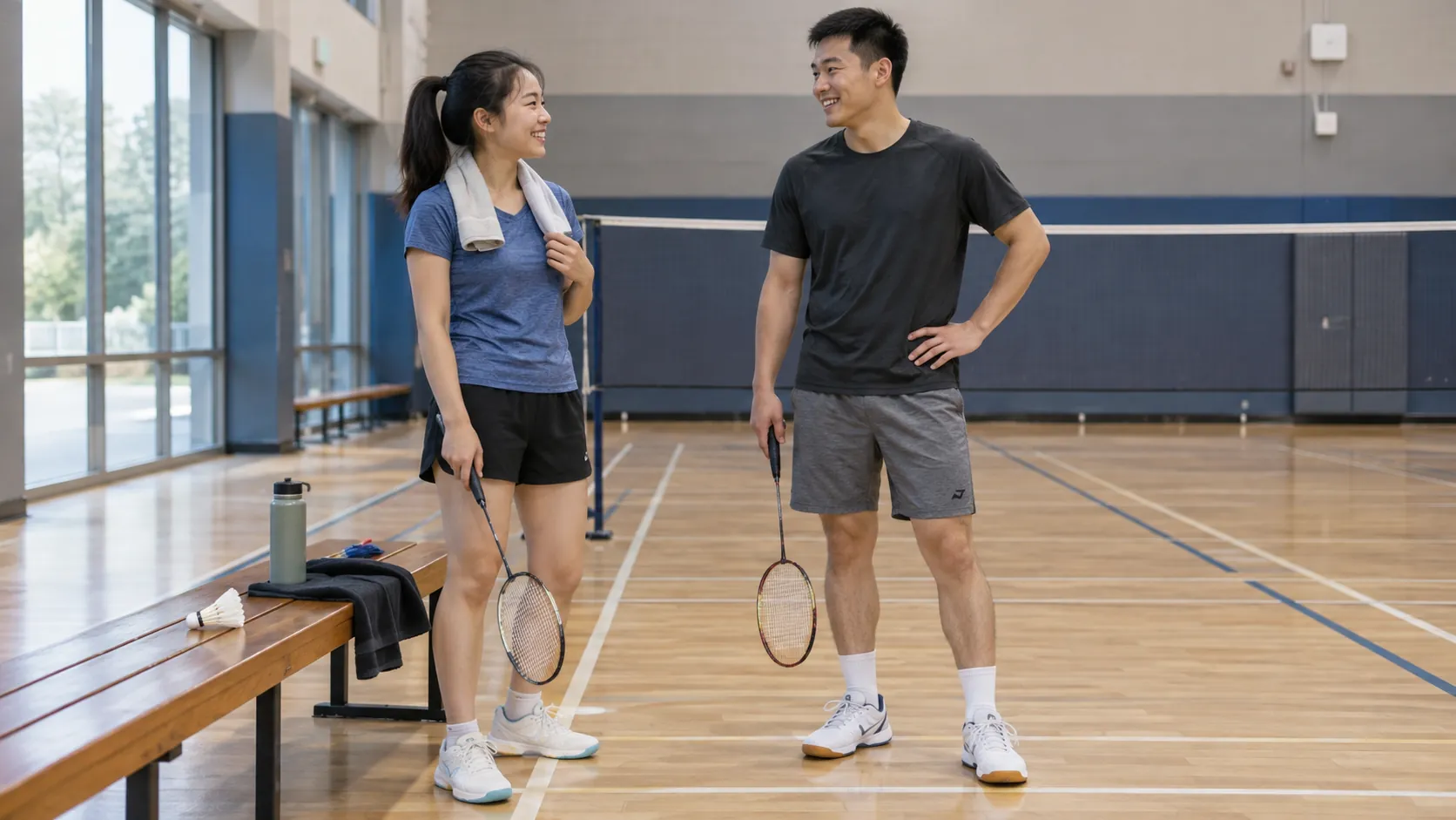 Two recreational badminton players pausing beside an indoor court with racquets at their sides