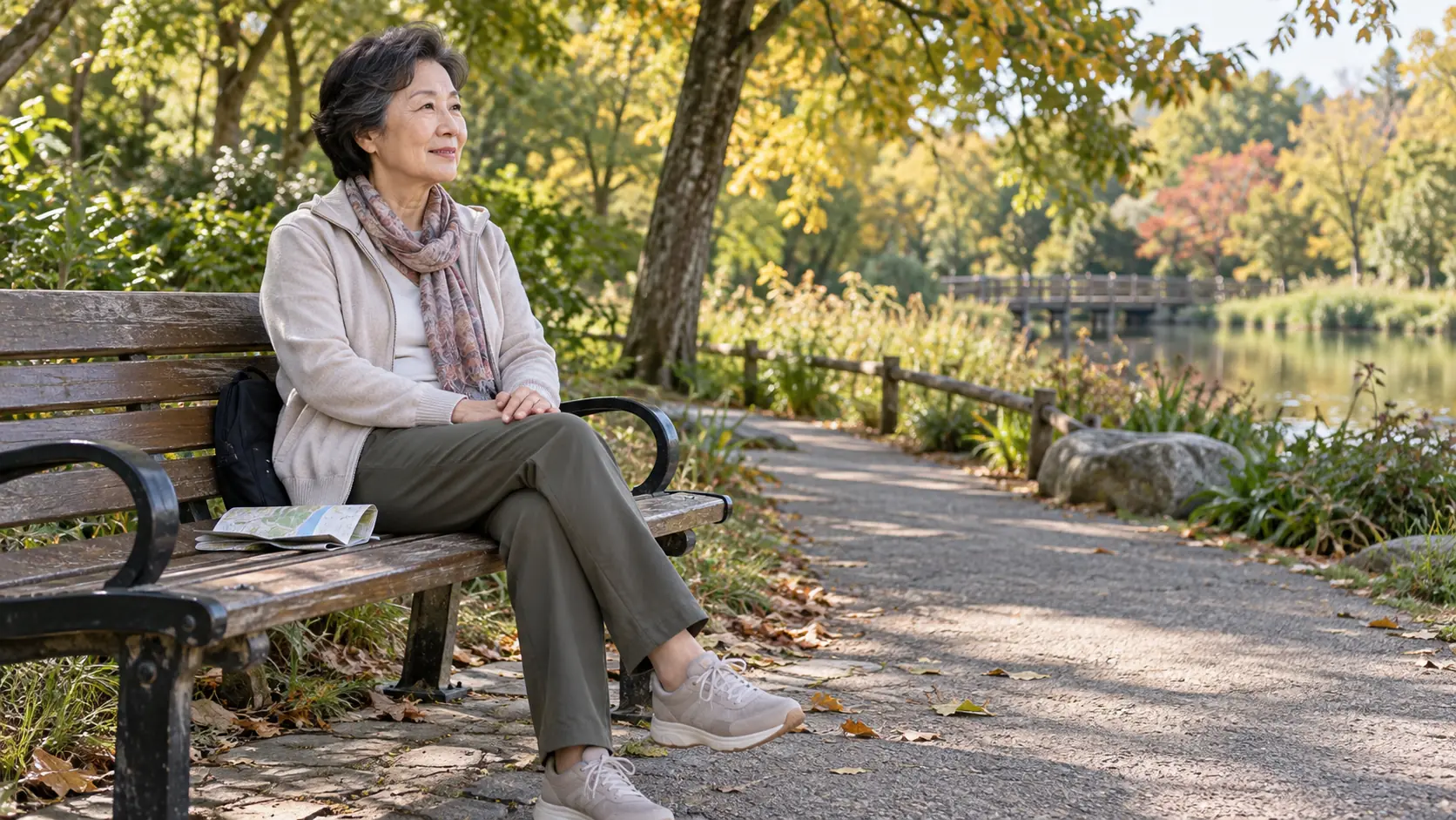 An older woman resting on a park bench beside an autumn walking path with a folded map nearby.