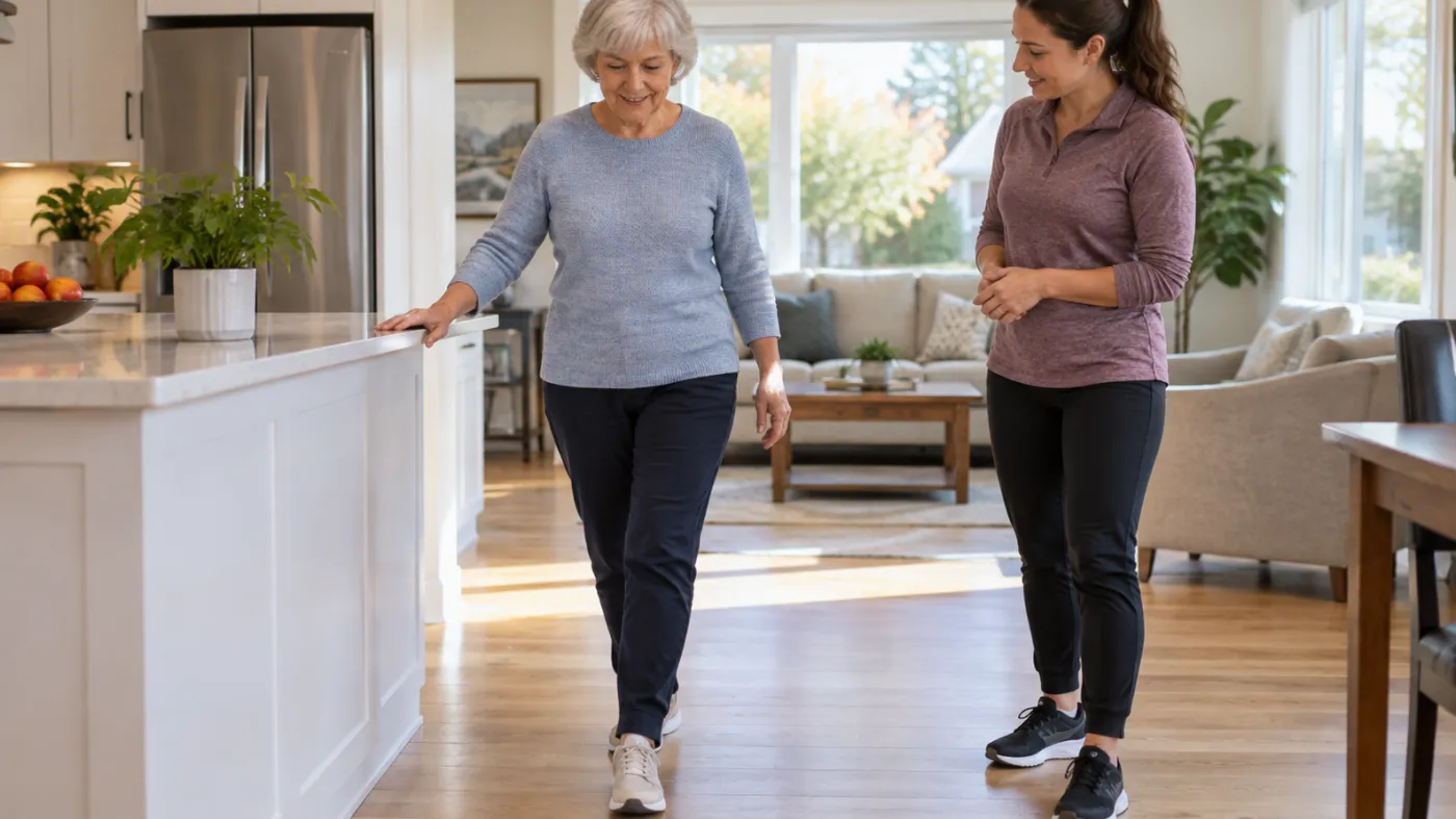 Older adult practising a supported balance exercise beside a kitchen counter in a Markham home