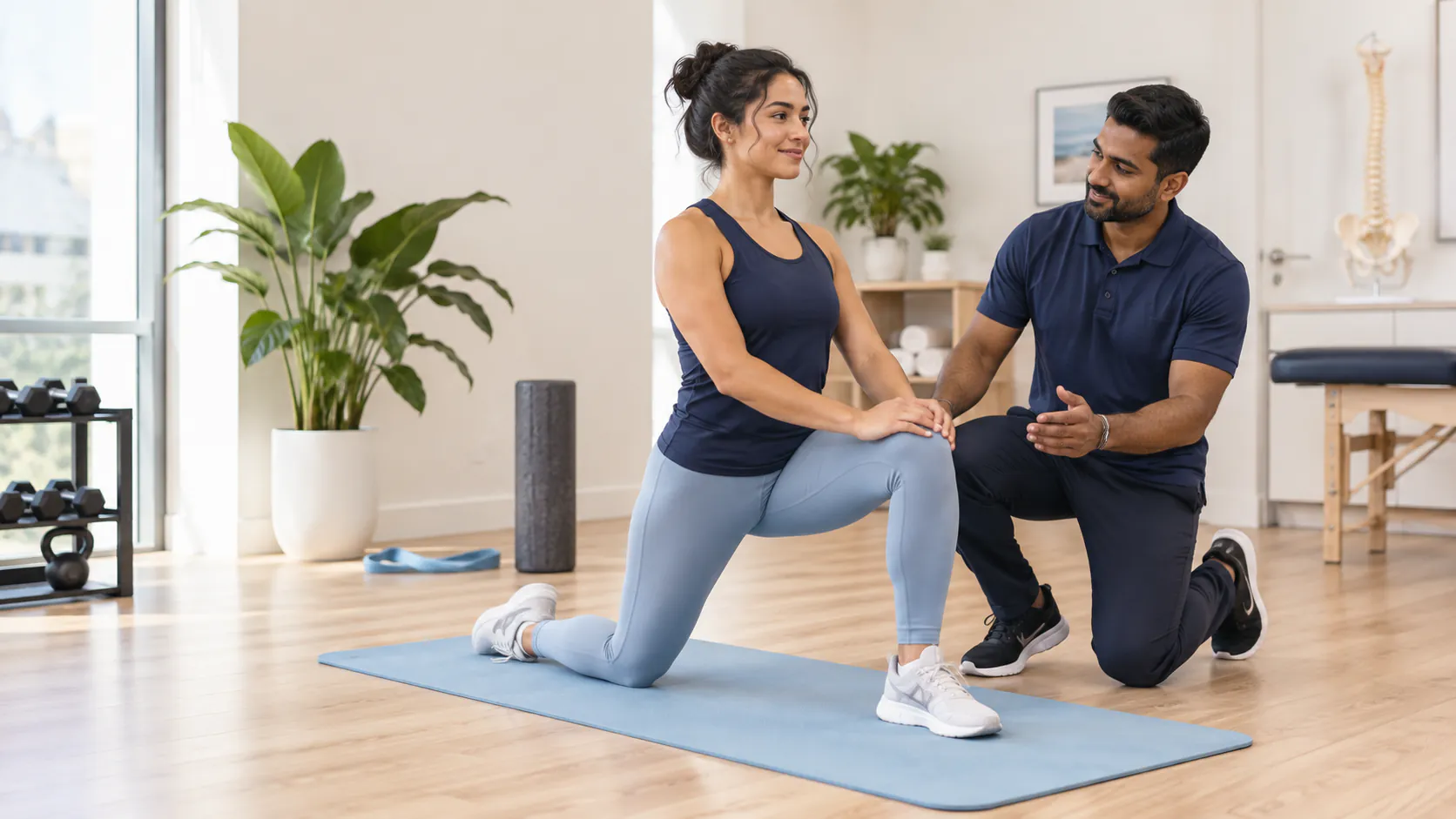 A clinician coaching a patient through a comfortable half-kneeling mobility exercise