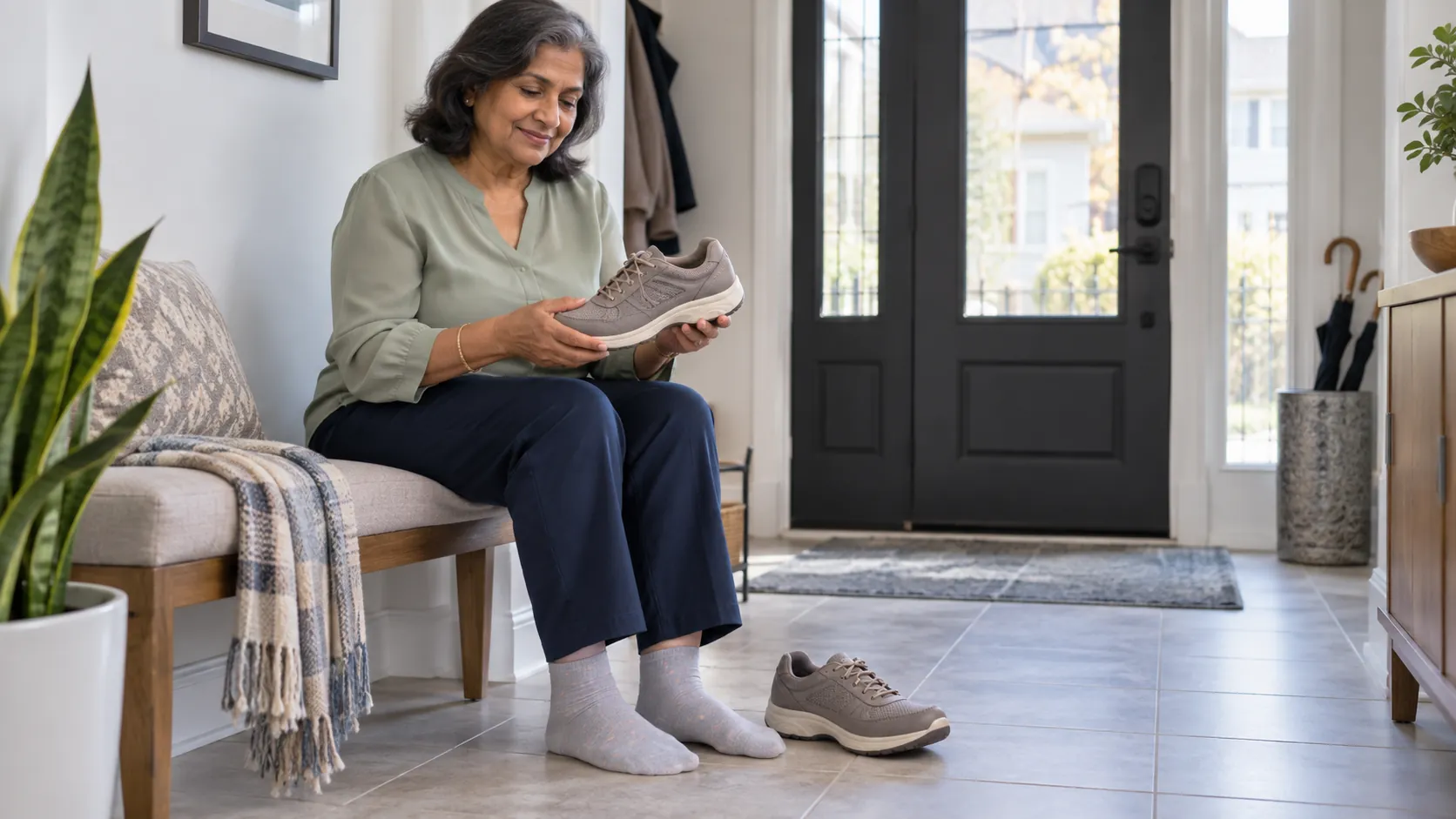 Woman sitting on an entryway bench comparing a broad-toed walking shoe with another shoe