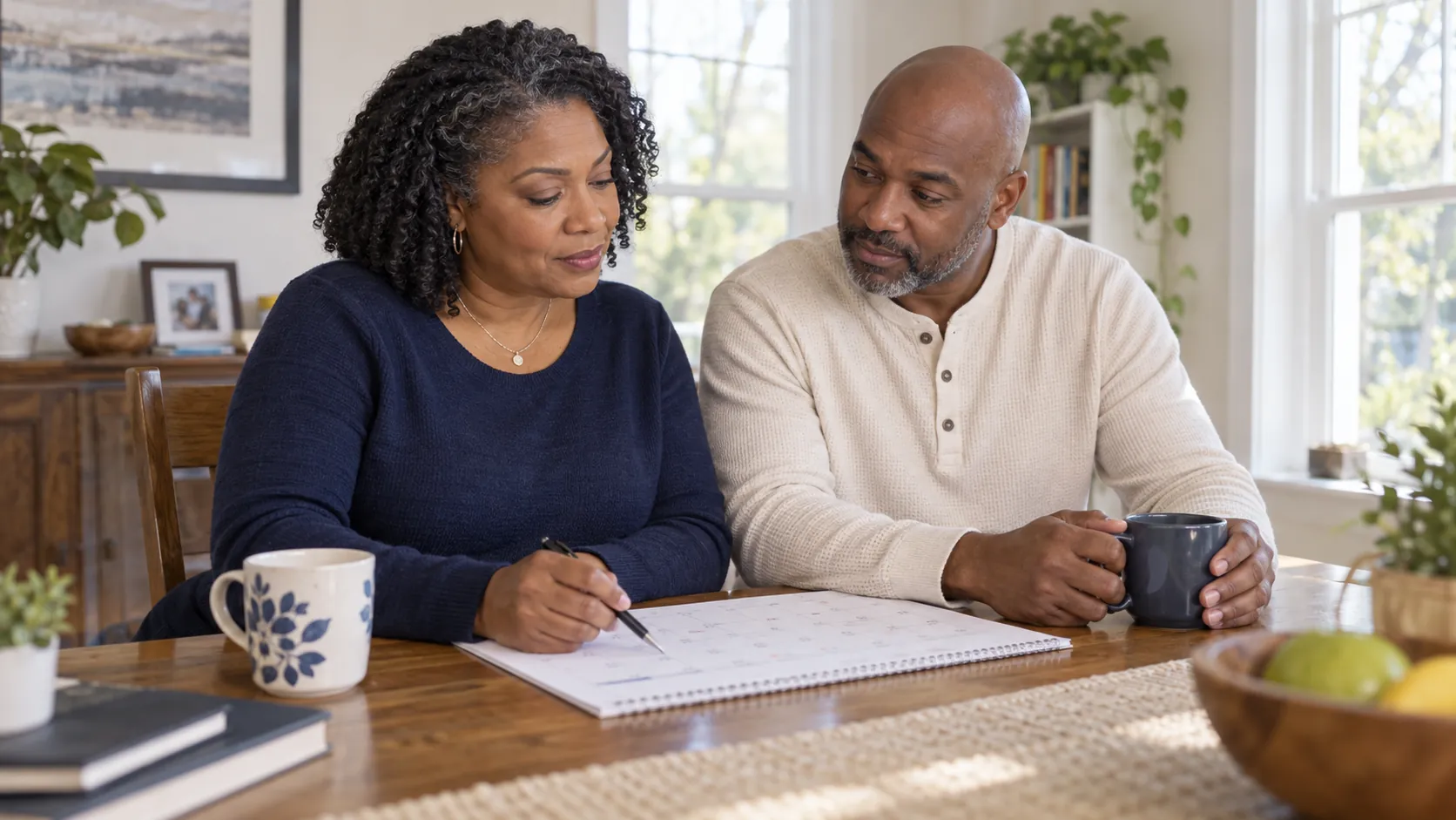 A woman with her forearms supported at a dining table discussing a calendar with her partner.