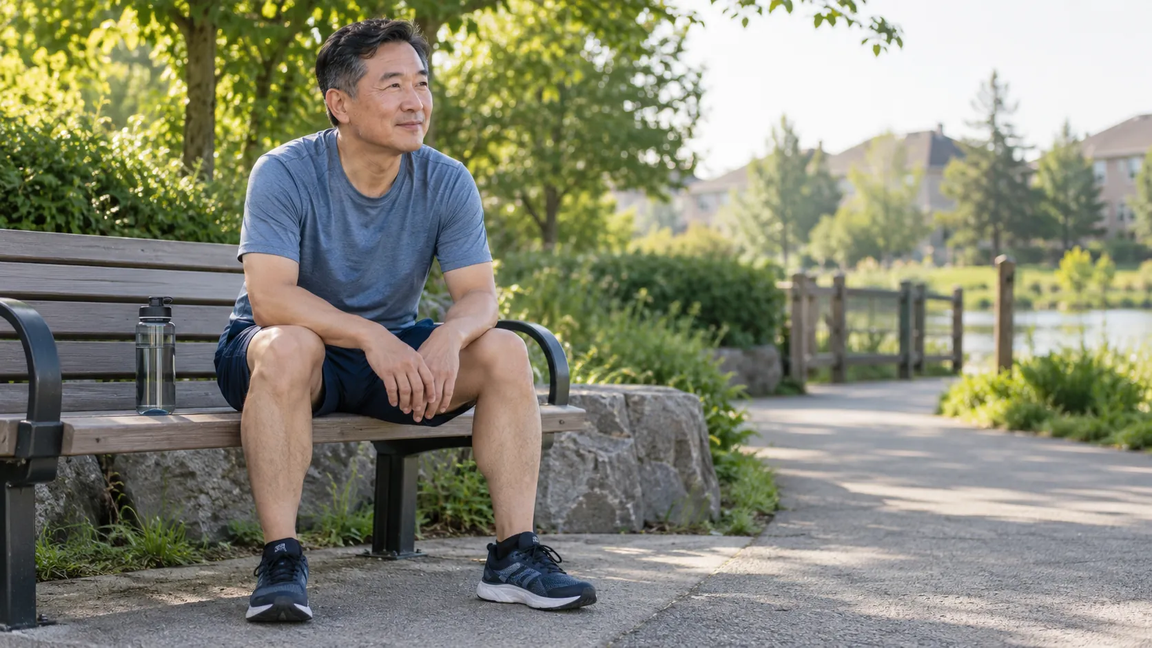 Man in athletic clothing taking a seated break on a bench beside a suburban walking path