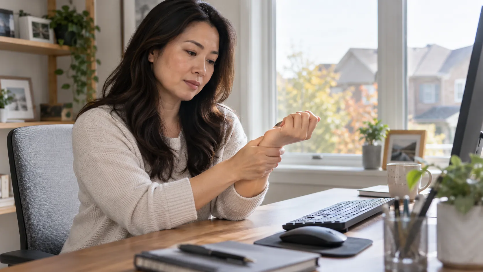 Woman pausing at a home desk and gently holding her opposite wrist