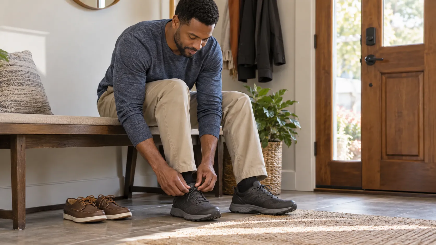 Man seated on an entryway bench adjusting walking-shoe laces beside another pair of shoes