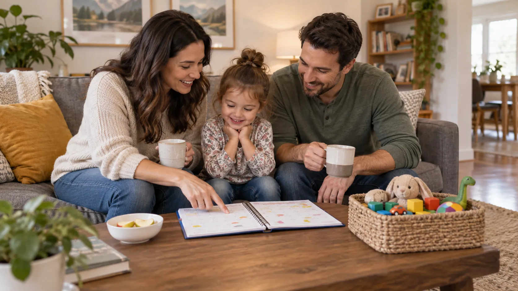 Two parents and their preschool child sit together on a sofa reviewing a family calendar.