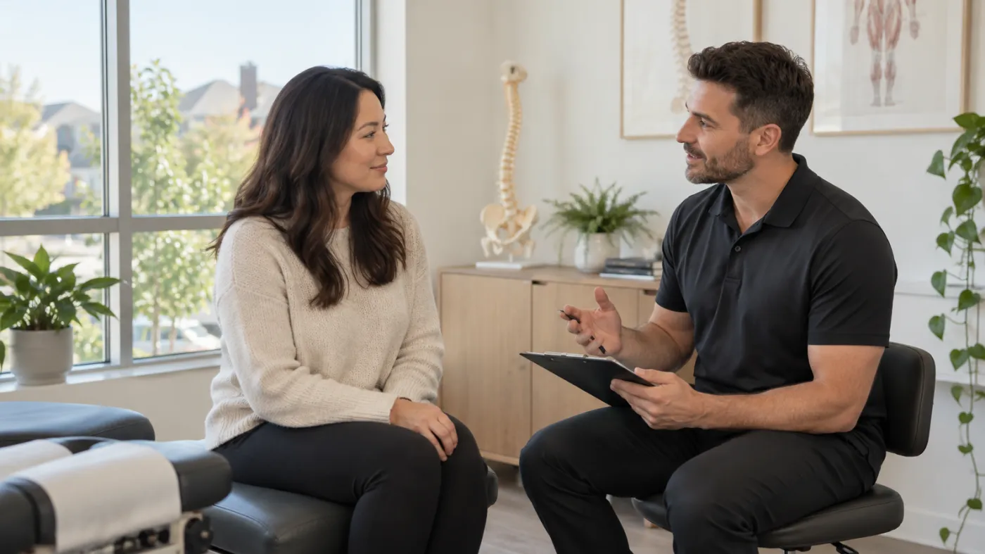 Patient speaking with a chiropractor during a consultation in a bright Markham clinic