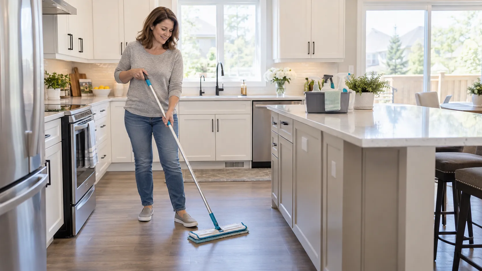 Woman using a long-handled flat mop on a clear kitchen floor with supplies on a nearby counter
