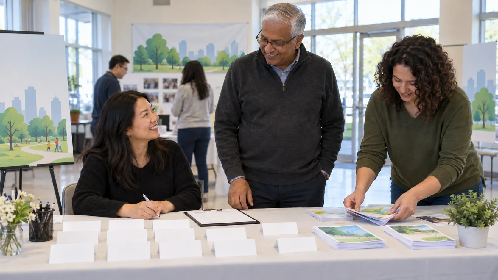 Three volunteers preparing a registration table with blank name cards and leaflets in a bright community hall.