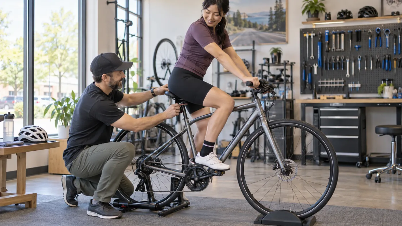 Cyclist having saddle height checked during a bike fitting in Markham