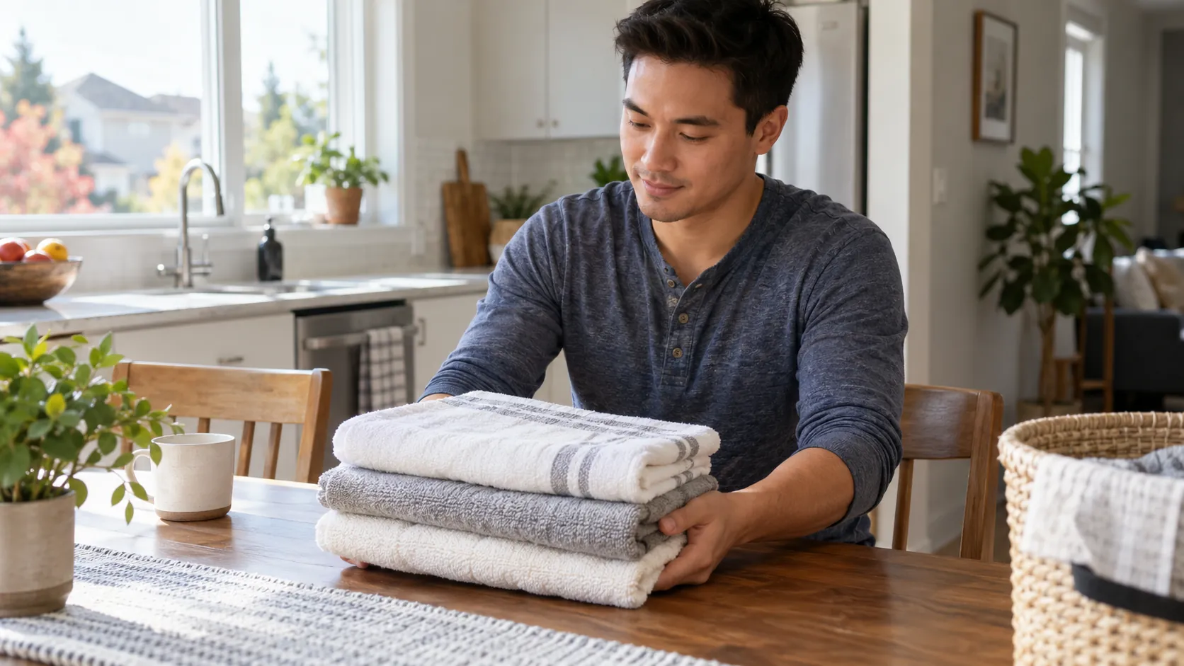 Man supporting a folded stack of towels from underneath with both hands at a kitchen table