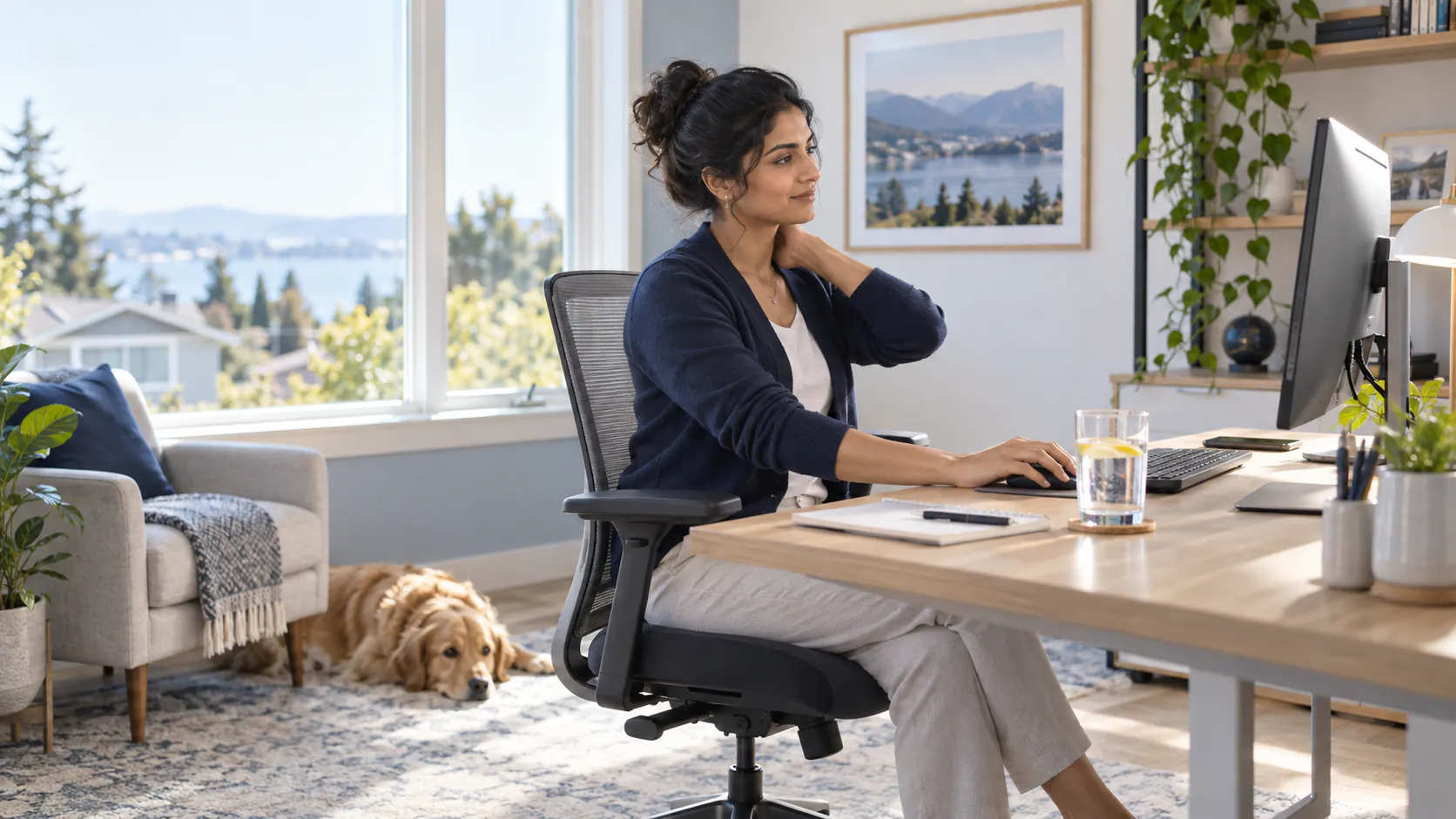 A professional working comfortably at an adjustable home-office desk
