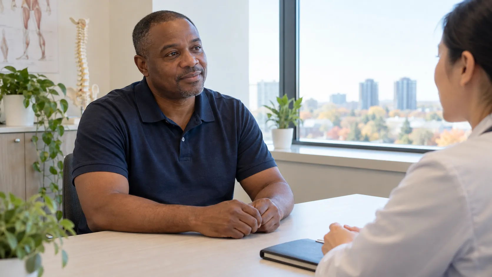 A man with his forearms resting on a consultation table speaking calmly with a clinician.