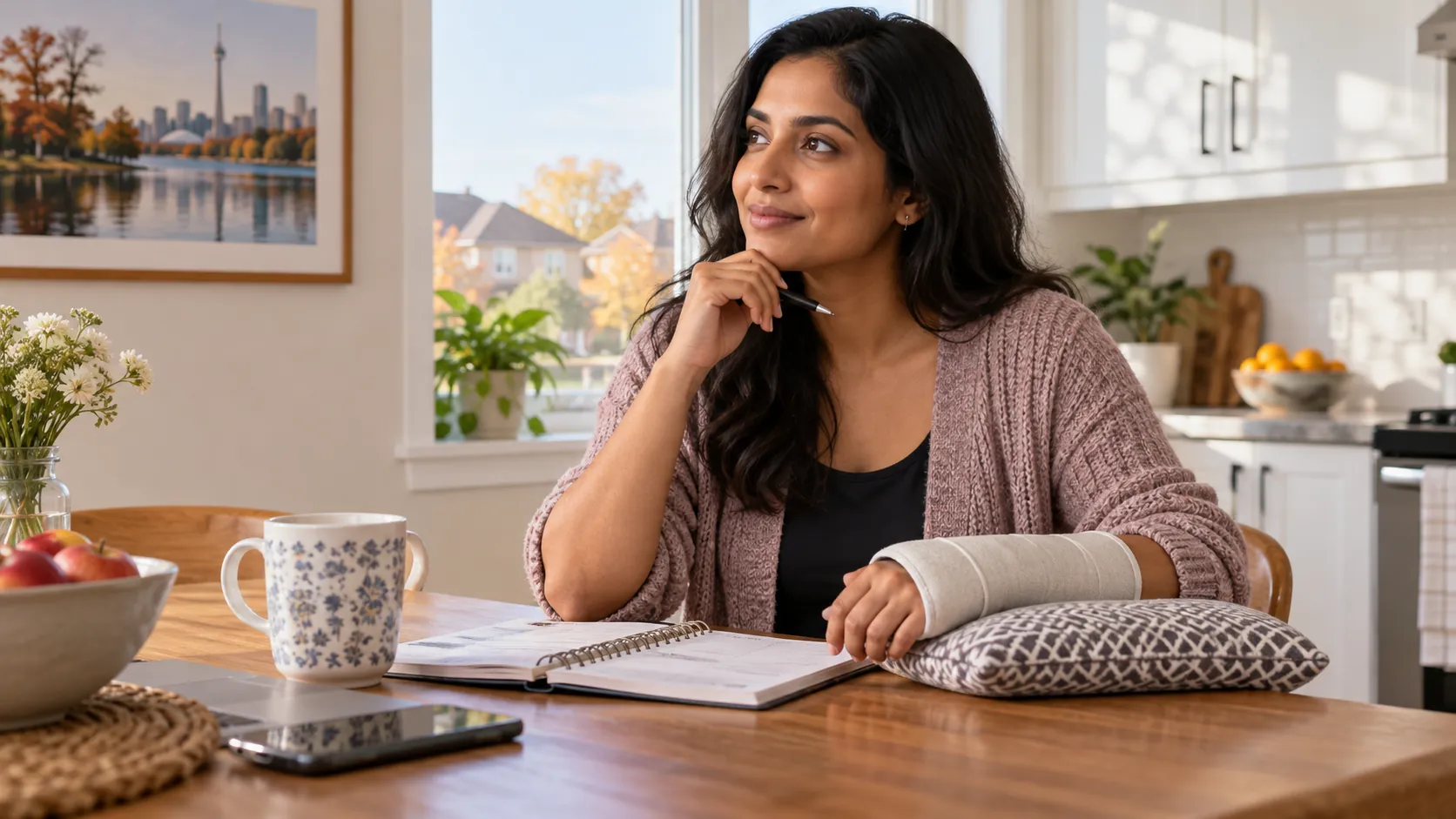 Woman seated at a kitchen table with a casted forearm resting on a cushion beside a notebook