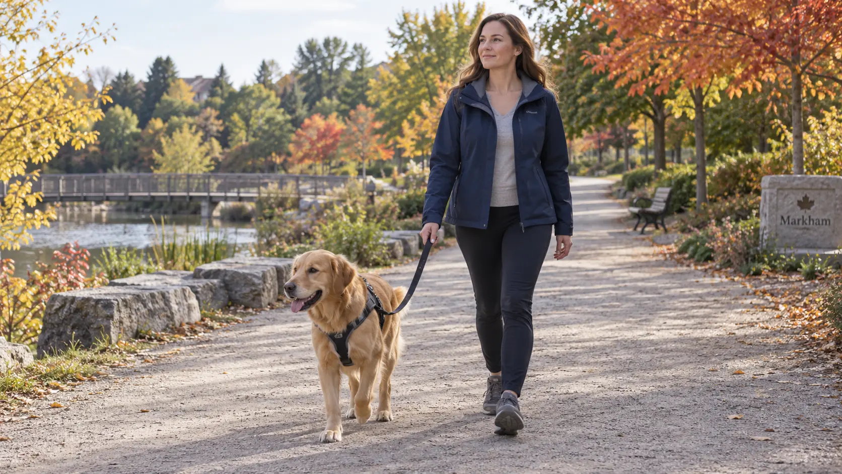 A woman walking a calm golden dog on a slack leash along a broad autumn park path.