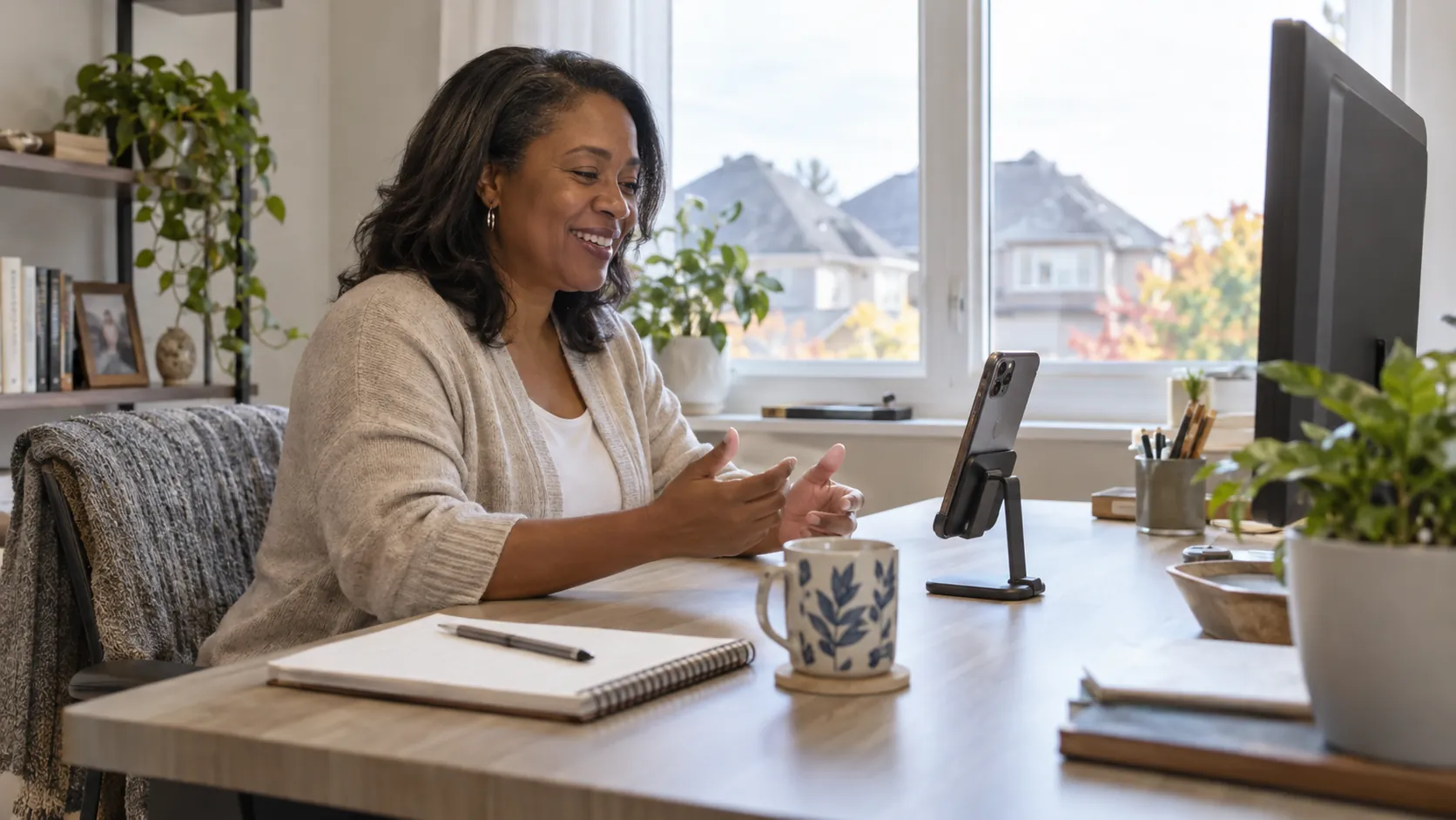 Woman at a home desk using a phone on a stand with her arms resting comfortably