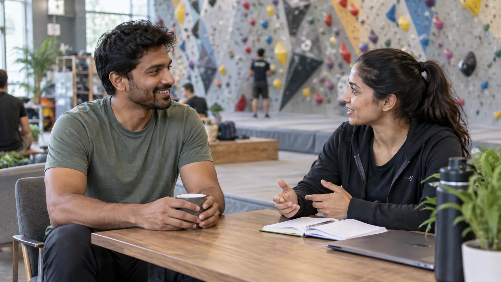 A recreational climber seated at a gym lounge table discussing a plan with a coach.