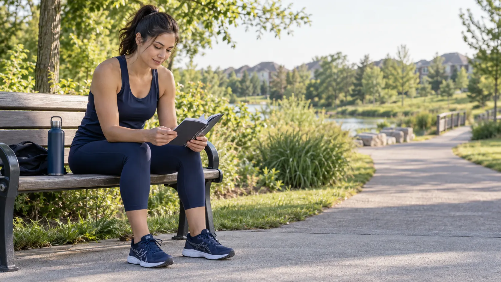 Runner seated on a park bench reviewing a training notebook beside a quiet path