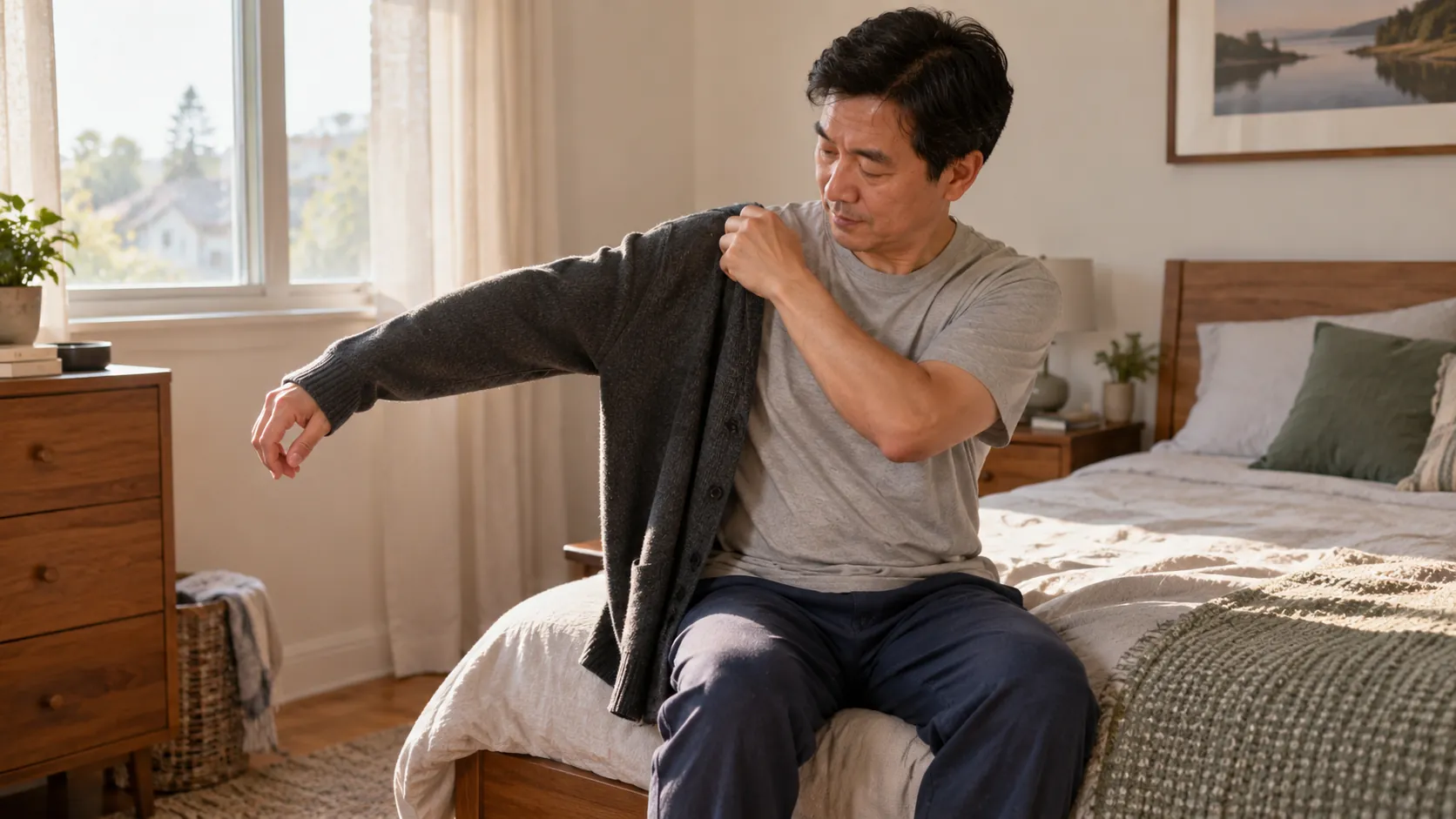 Man seated beside a bed carefully guiding his arm into a loose cardigan