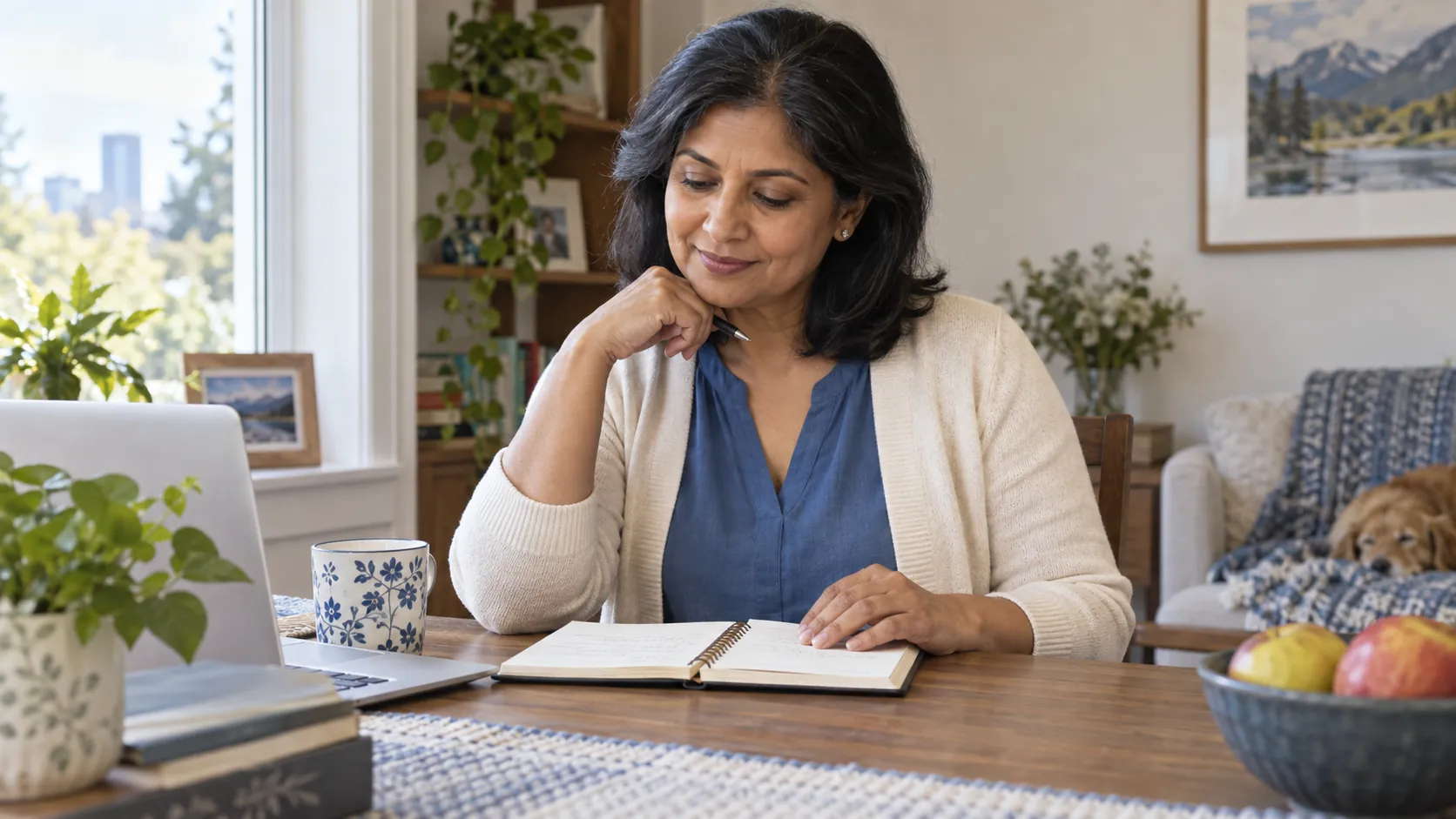 A woman seated at a home desk reviewing an open notebook beside her laptop.