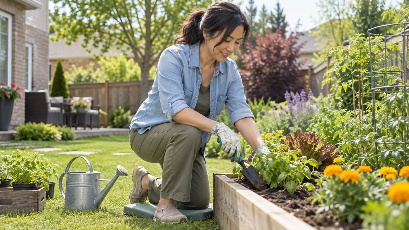 Gardener kneeling comfortably beside a raised garden bed in a Markham backyard
