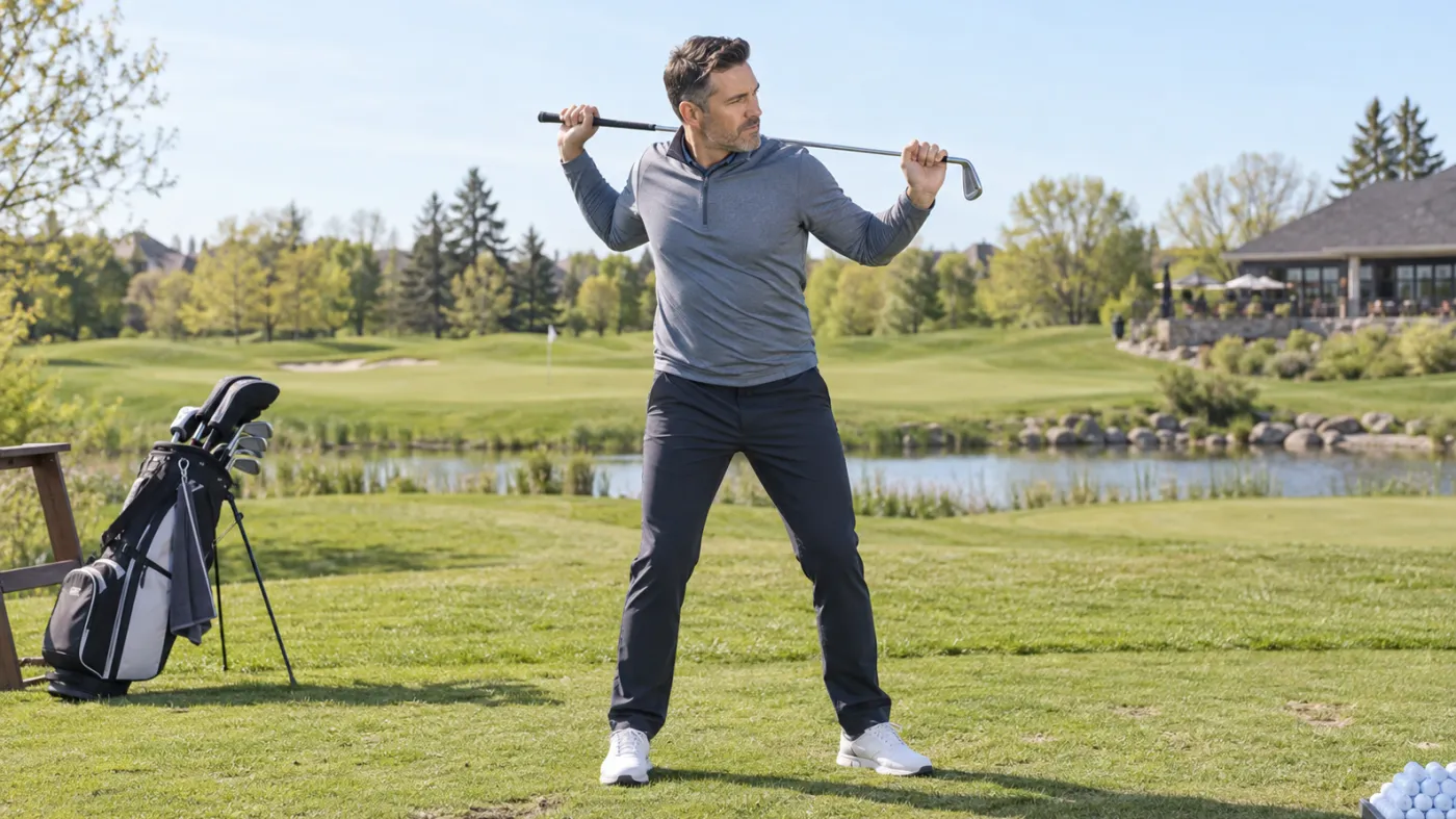 Recreational golfer warming up with a club on a course in Markham