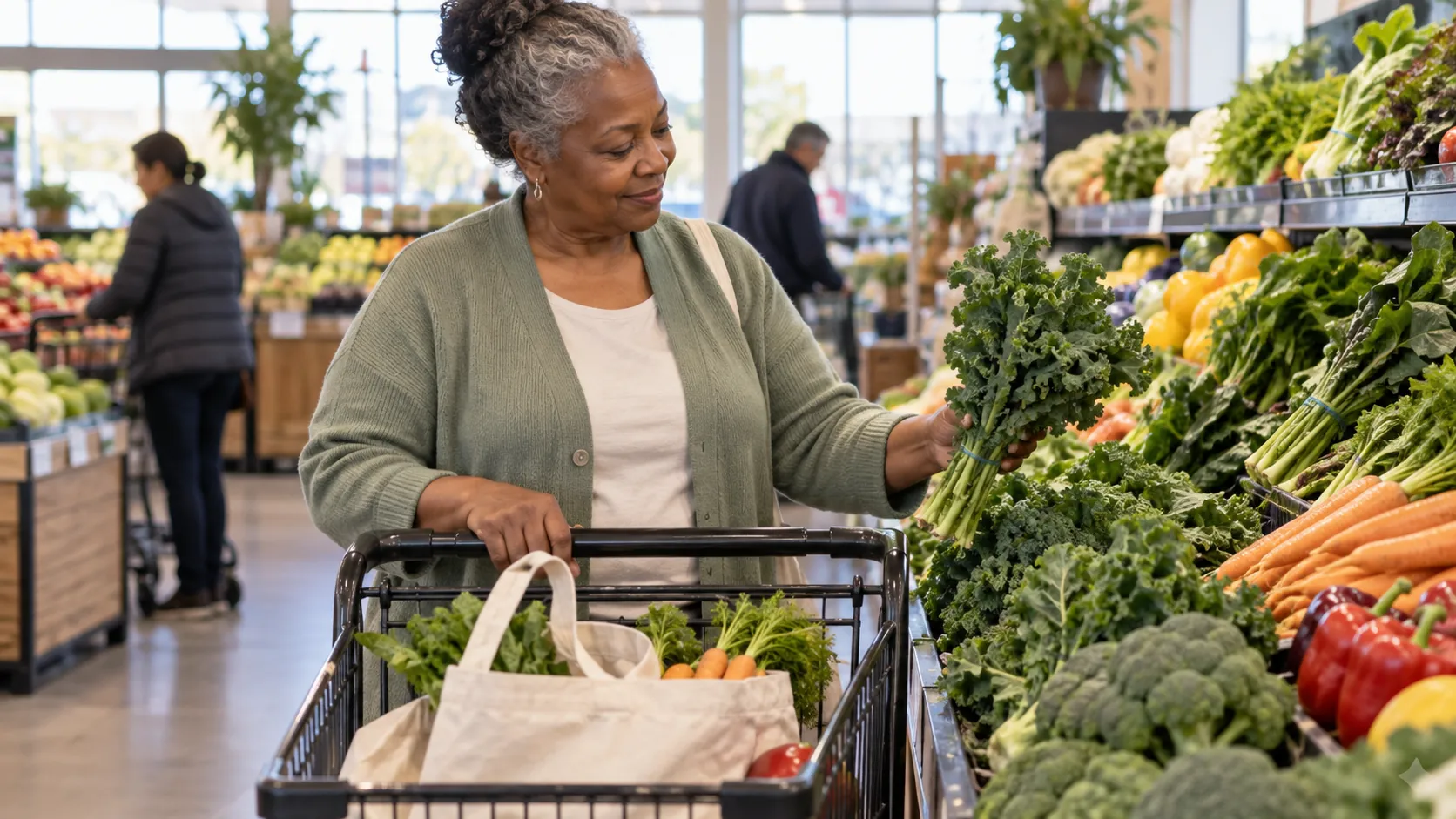 Woman choosing vegetables beside a shopping cart in a bright grocery produce aisle