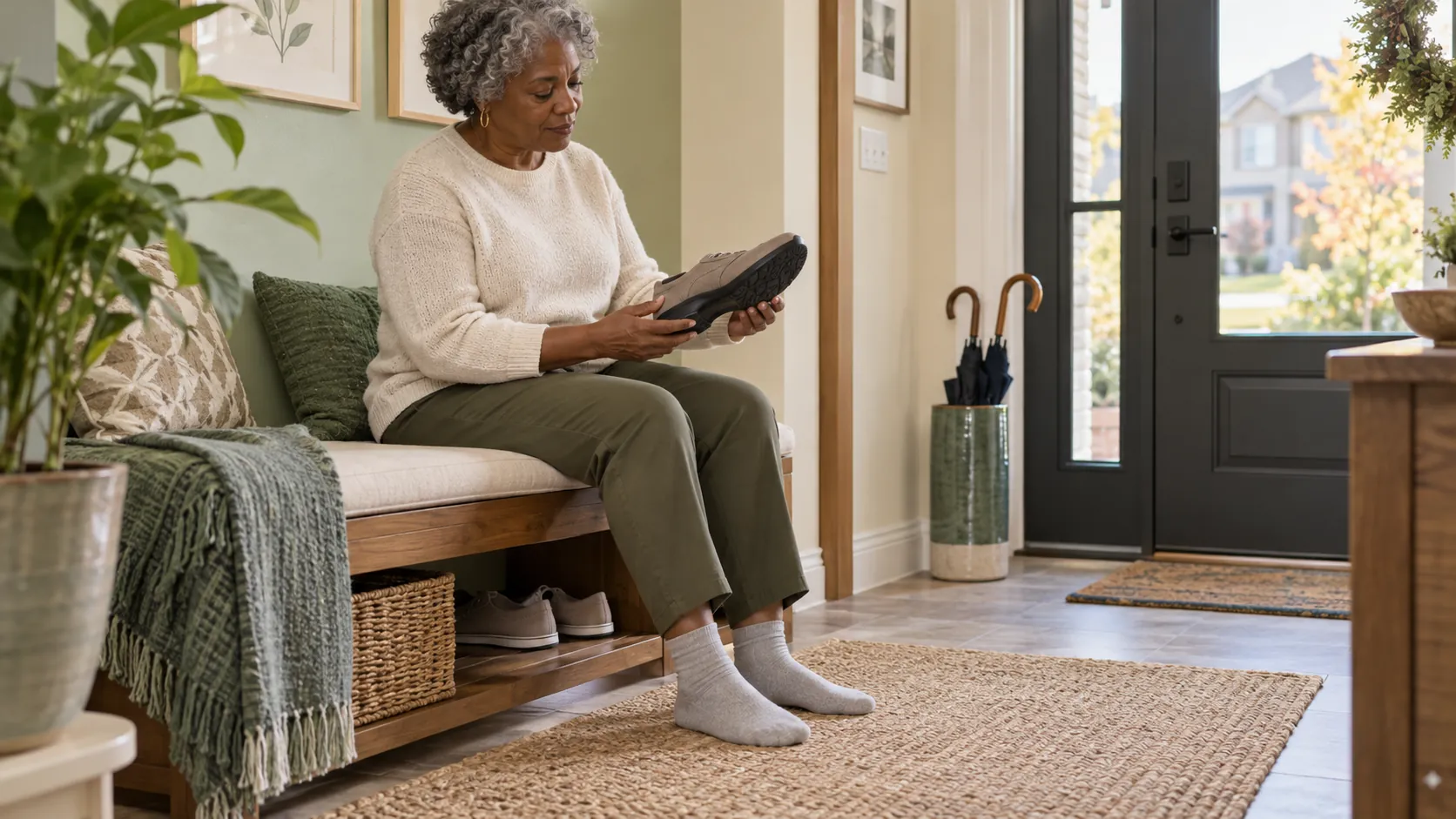 An older woman seated on an entryway bench examining a walking shoe, with both socked feet resting on the floor.