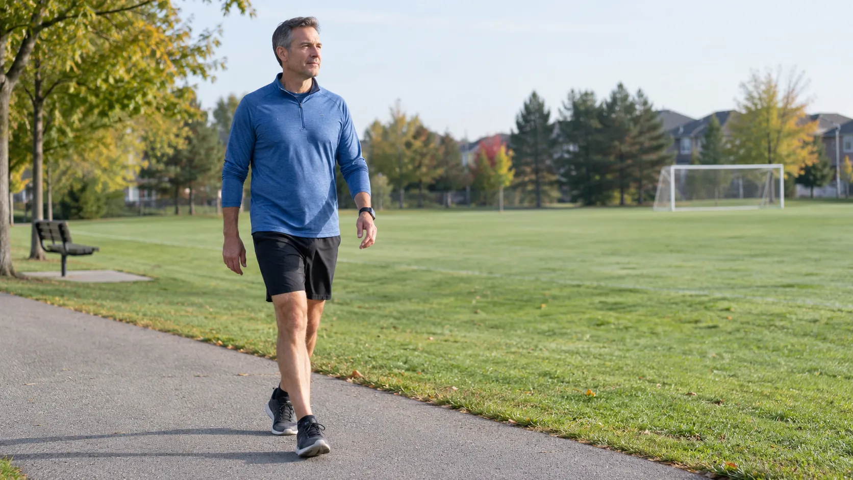Man walking at an easy pace on a paved path beside an outdoor sports field