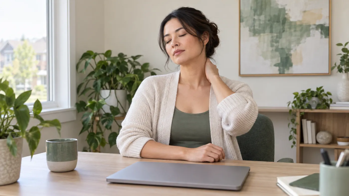 Adult taking a calm break from desk work while resting a hand at the base of the neck