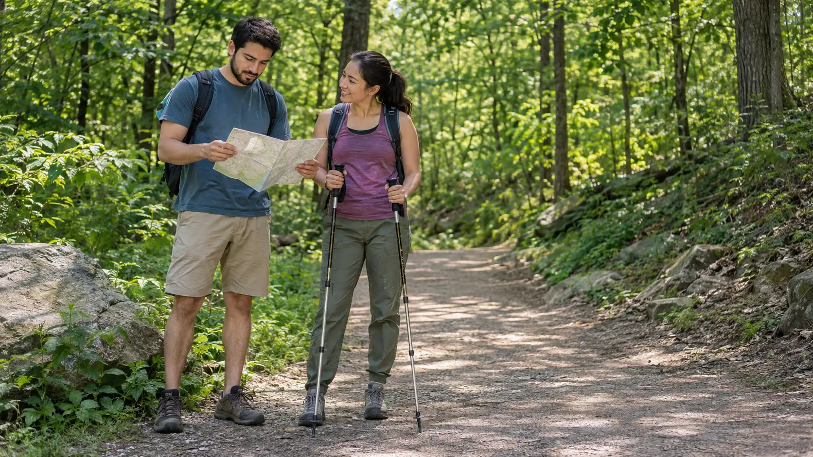 Two hikers reviewing a paper map on a wooded trail, with one holding walking poles