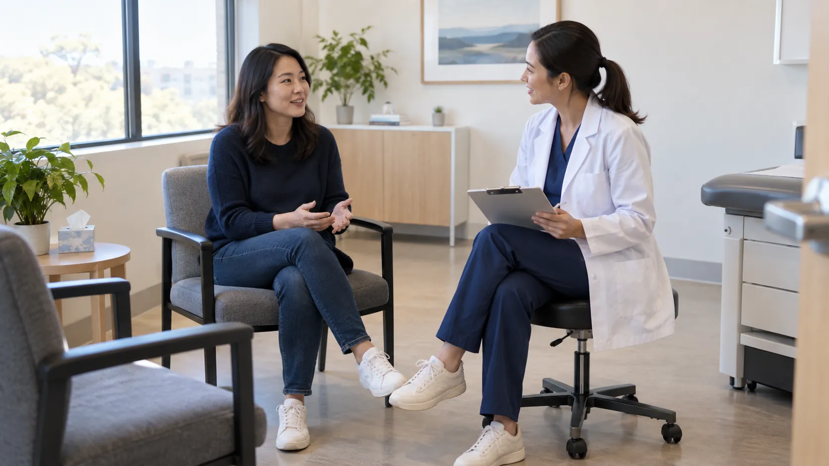 A woman in casual clothing discussing her concerns with a clinician in a bright consultation room.