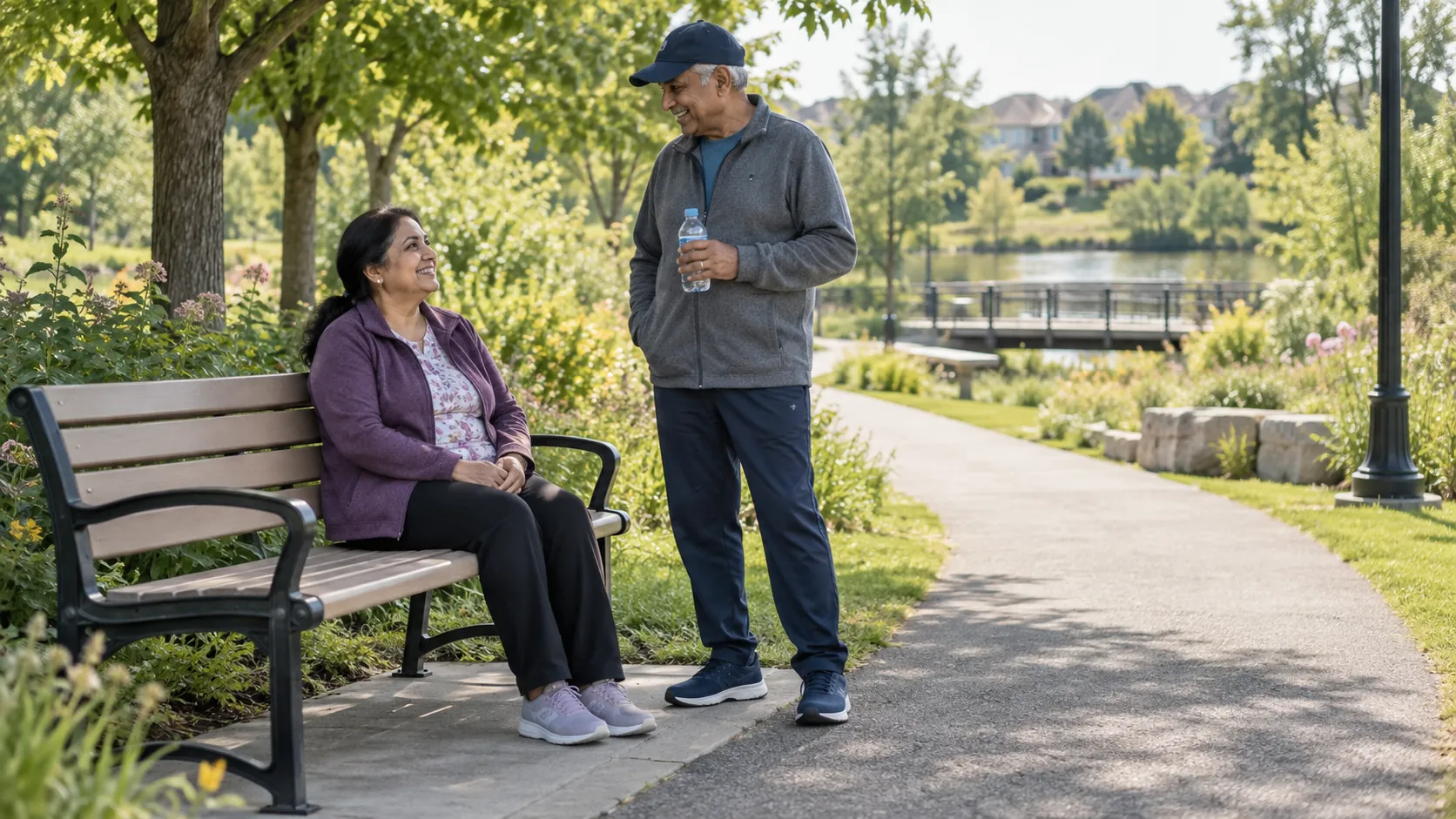 Older woman resting on a park bench after a walk while speaking with her companion