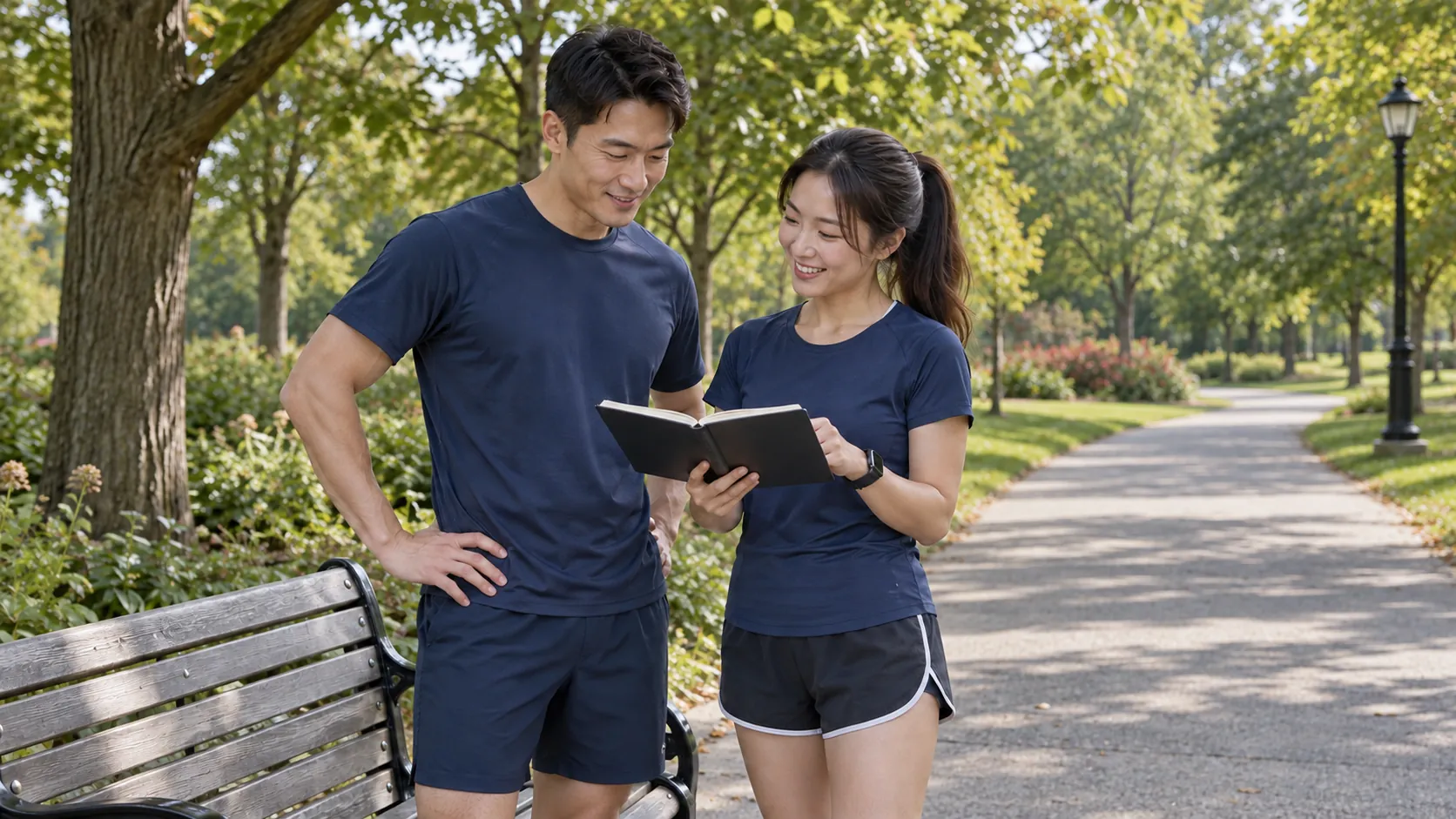 Two recreational runners review a notebook beside a bench on a leafy suburban park path.