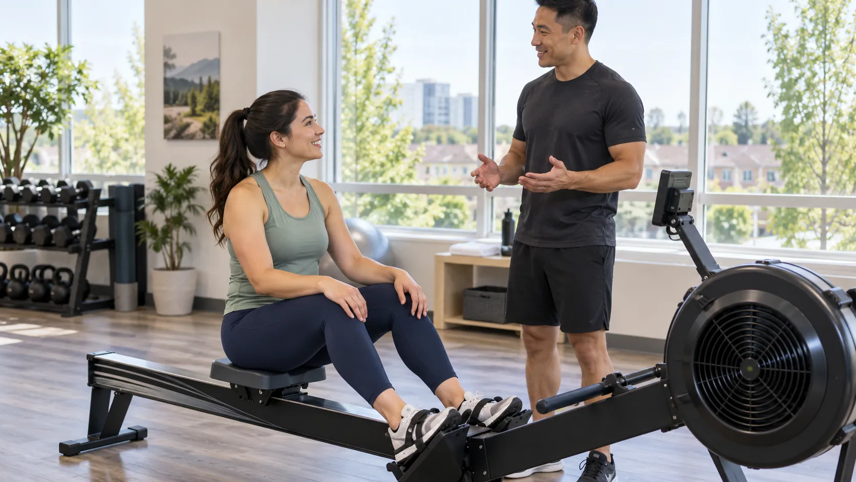 Woman seated at rest on a rowing machine while listening to an instructor in a fitness room