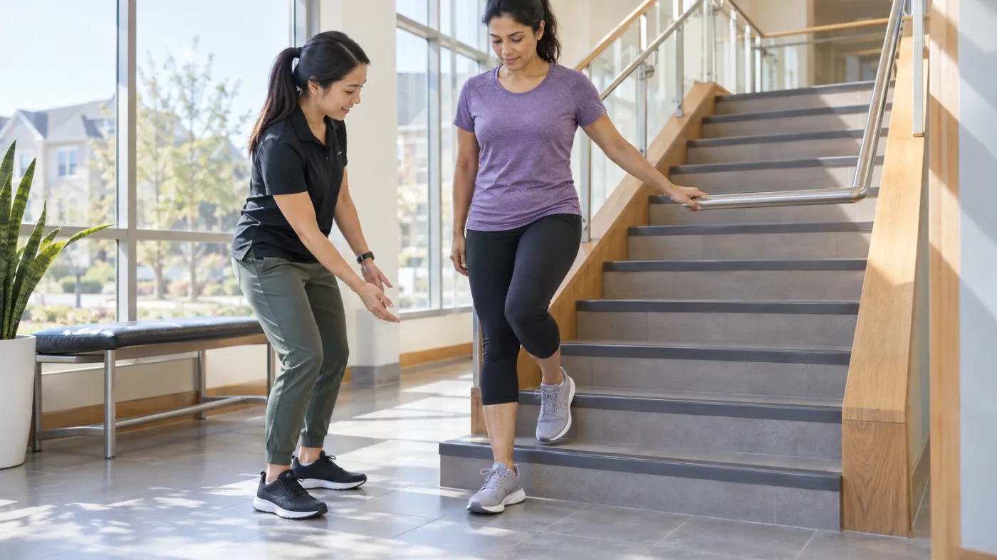 Adult practising a controlled step-down with a clinician beside a staircase in Markham