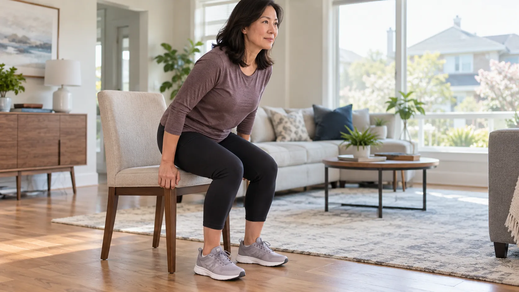 Woman beginning a controlled rise from a sturdy chair with both feet on the floor