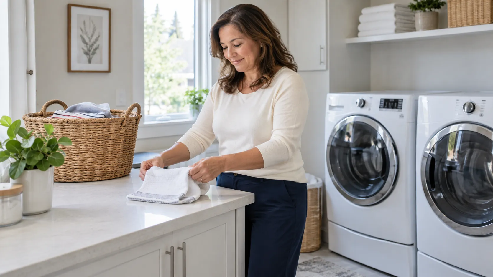 Woman folding a small towel at a laundry-room counter beside a lightly filled basket