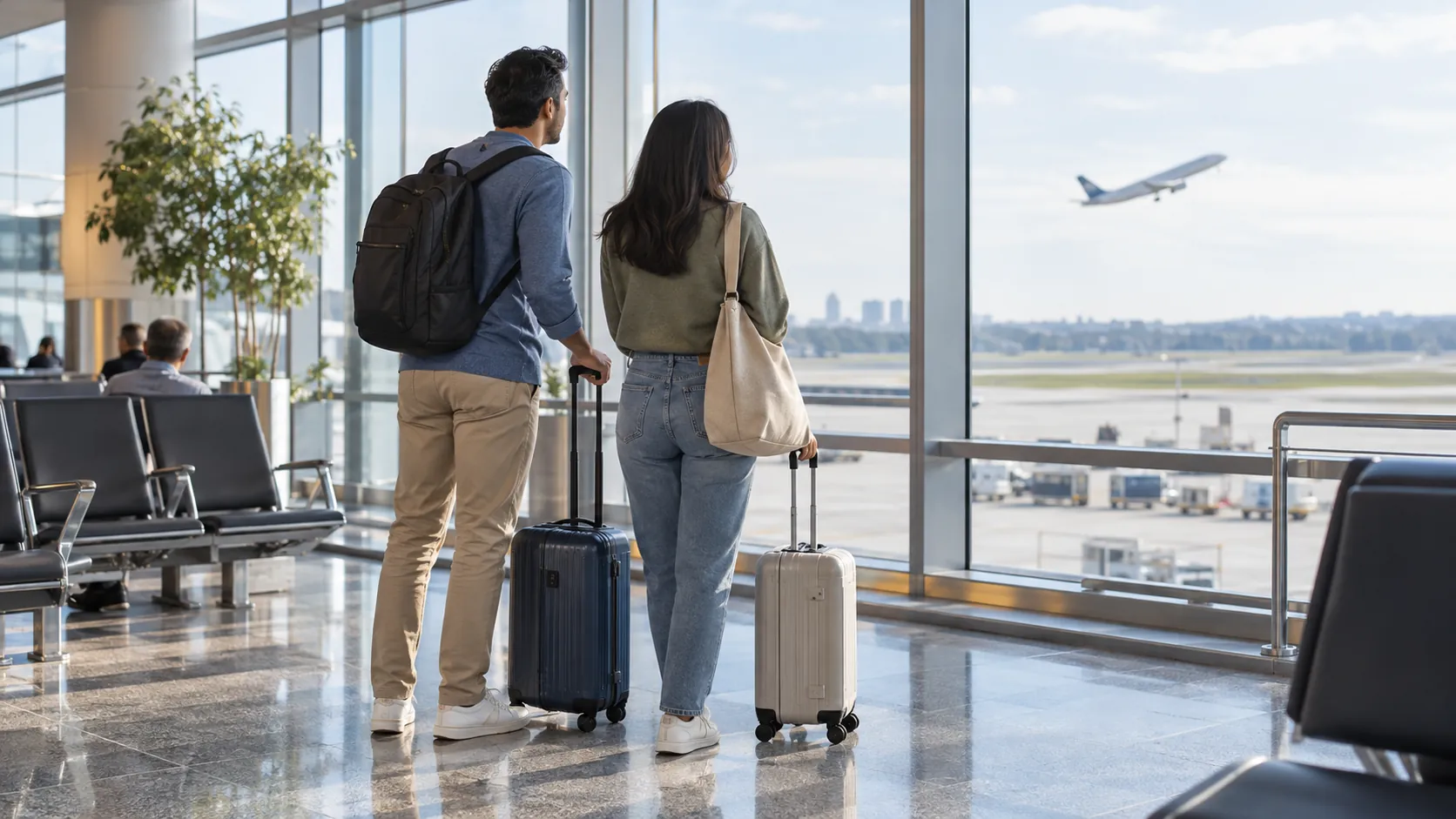 Adult couple standing with suitcases in a bright airport terminal with an aircraft visible outside
