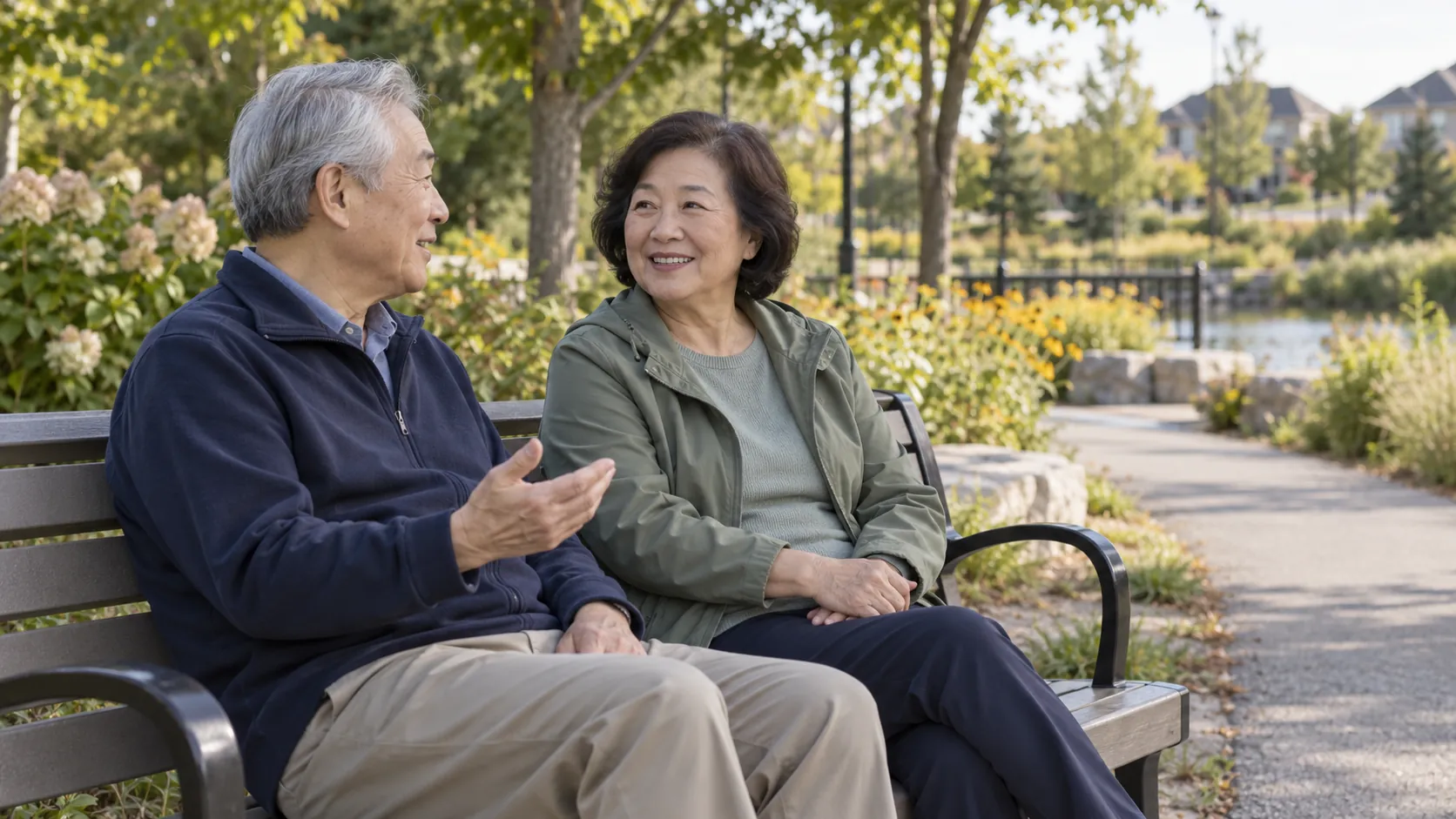 Older couple talking on a park bench beside a level garden path