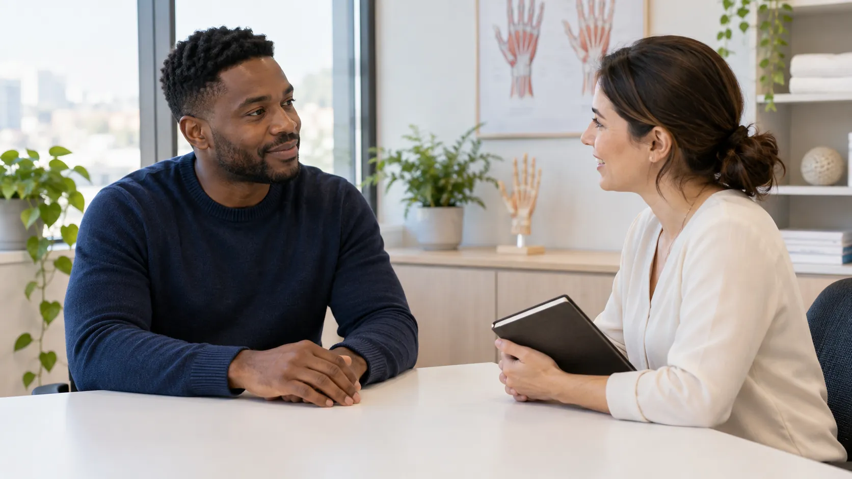 A man seated at a consultation table discussing hand care with a therapist holding a notebook.