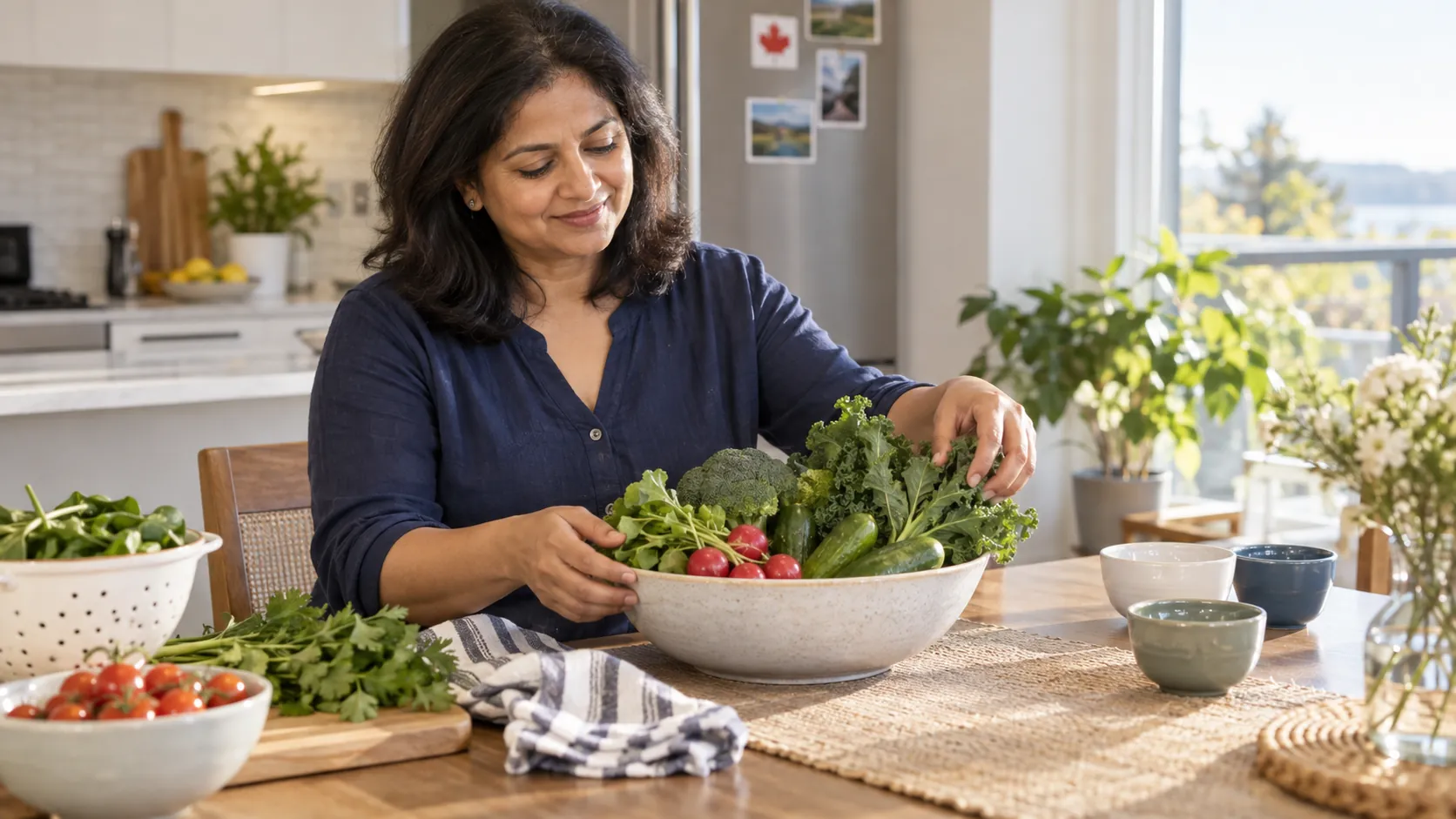 A woman seated at a kitchen table arranging vegetables in a bowl with ingredients and small containers within reach.