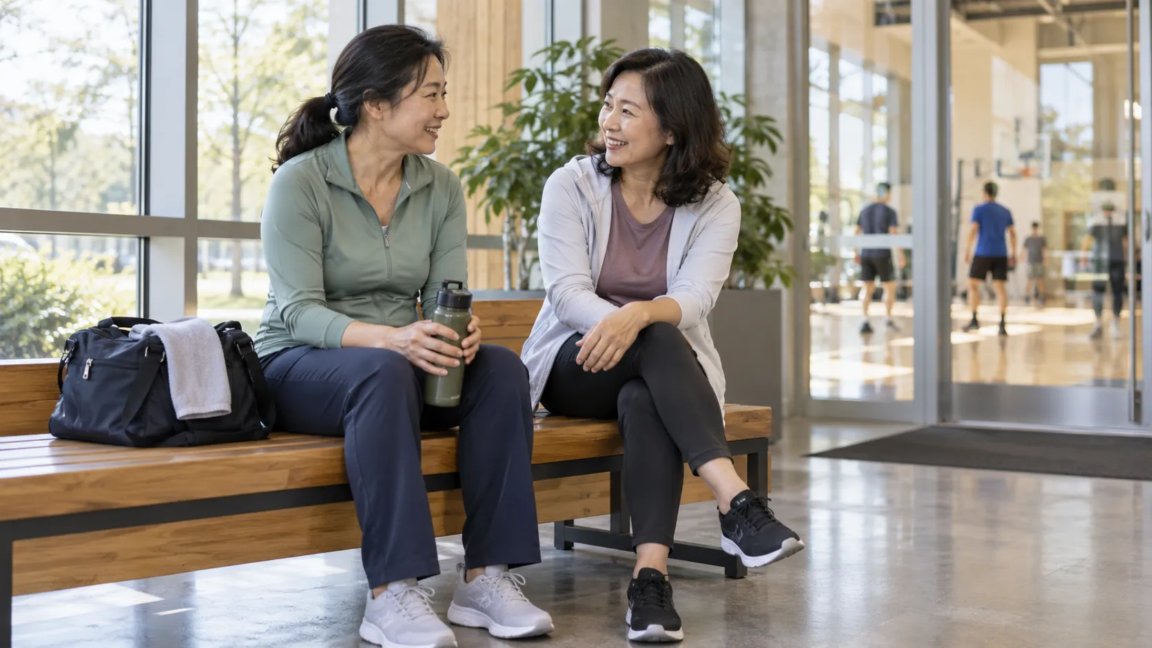 Two women talking on a bench near a recreation centre entrance with a gym bag beside them