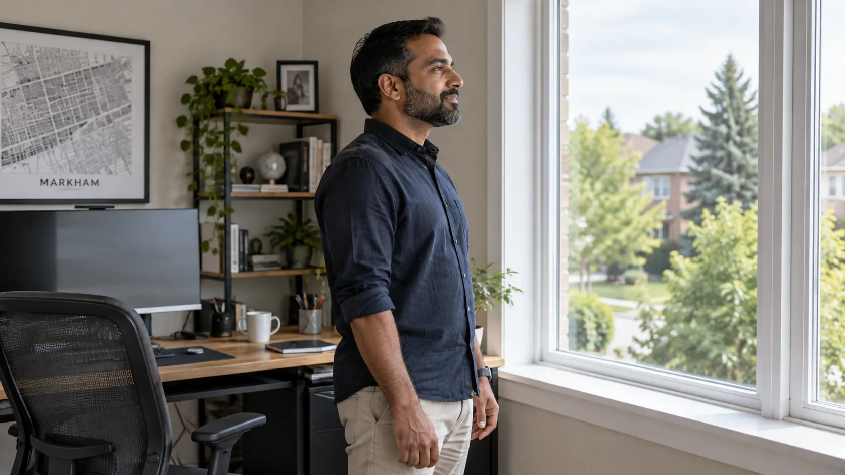 Man taking a relaxed standing pause beside a home office desk and looking out a window