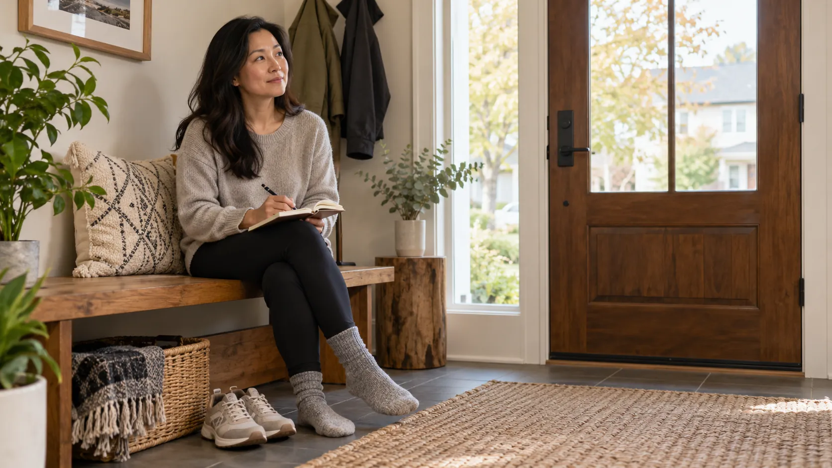Woman seated in a home entryway writing activity notes beside a pair of walking shoes