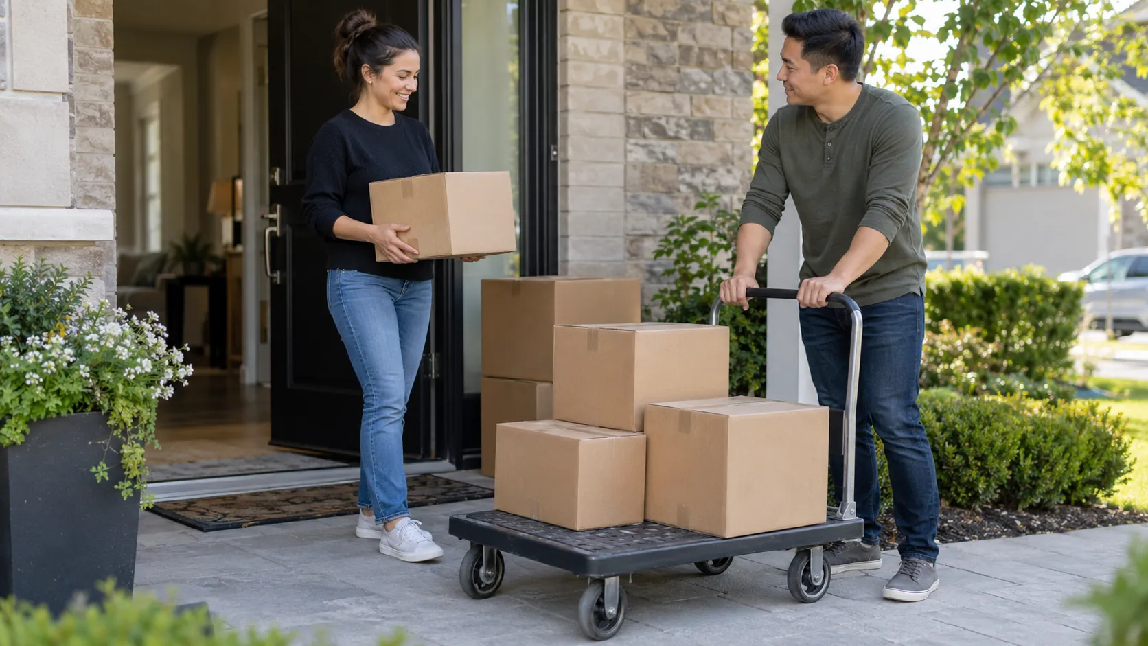 Two adults organizing modest moving boxes beside a platform trolley at a home entrance